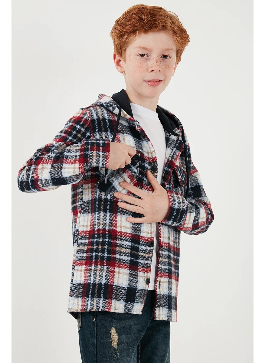 ليلا Hooded Double Pocket Plaid Winter Lumberjack Shirt Boy's Shirt CF24W81778