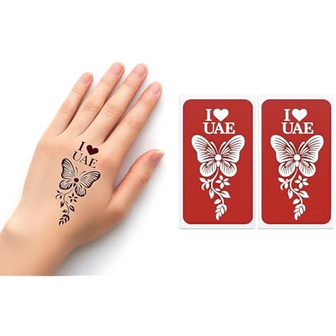 FAM UAE NATIONAL DAY MEHNDI STENCIL  EASY HENNA STICKER FOR KIDS & WOMEN | I UAE, FLAG & ARABIC CALLIGRAPHY DESIGNS | NATIONAL DAY HAND TATTOO (DESIGN 1) - Image 1