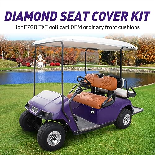 NOKINS Golf Cart Diamond Seat Covers Kit, Fit for EZGO TXT 1994-2013/EZGO RXV OEM Standard Front Seat Cushion, Golf Cart Vinyl Seat Cover, No Nails Required (All Brown) - Image 3