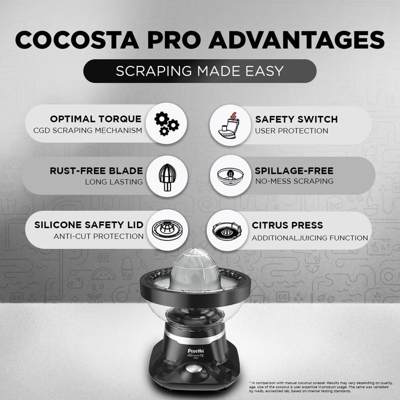 Preethi Cocosta Pro KP002 Coconut Scraper&Citrus Juicer,100% Safe Dual Protection Scraper With Safety Switch&Silicon Cap,Spillage Free Collection Bowl,100 Watts,2Yr Guarantee,Lifelong Free Service - Image 4