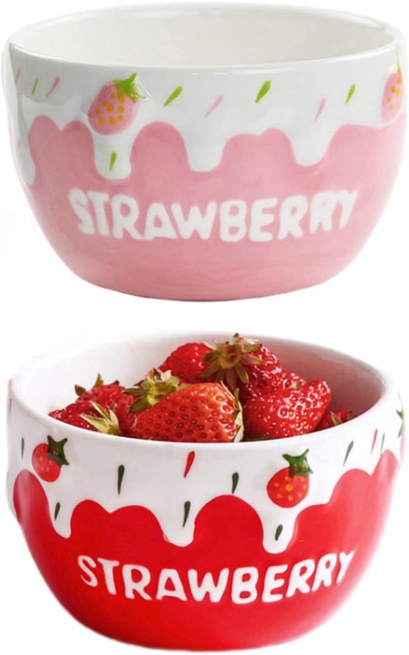 yaocoral 2 Pack 16 OZ Large Ceramic Candy Bowl Strawberry Candy Dish Cute Ceramic Bowls for DessertSnackFruitYogurtCerealIce CreamSaladSoupMicrowave Safe - Image 1