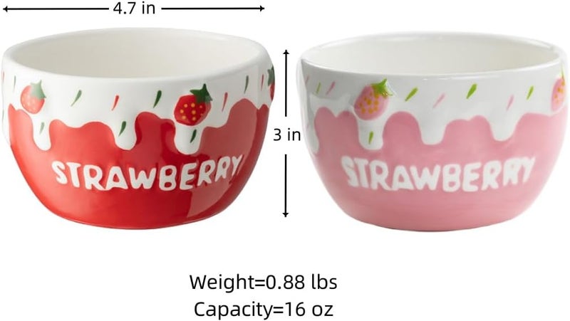 yaocoral 2 Pack 16 OZ Large Ceramic Candy Bowl Strawberry Candy Dish Cute Ceramic Bowls for DessertSnackFruitYogurtCerealIce CreamSaladSoupMicrowave Safe - Image 3