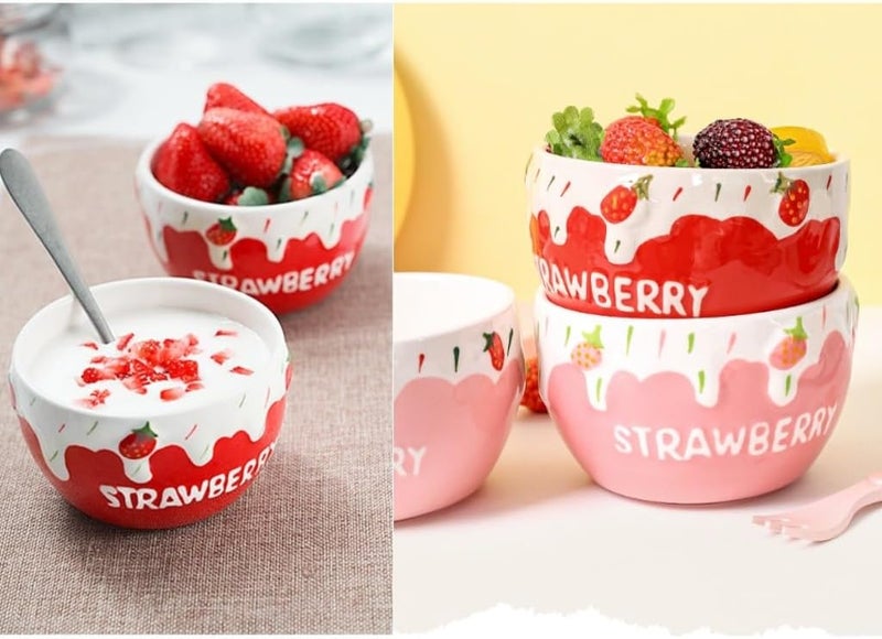 yaocoral 2 Pack 16 OZ Large Ceramic Candy Bowl Strawberry Candy Dish Cute Ceramic Bowls for DessertSnackFruitYogurtCerealIce CreamSaladSoupMicrowave Safe - Image 4