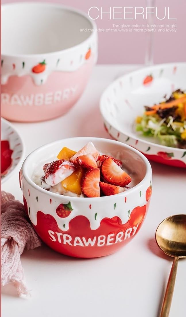 yaocoral 2 Pack 16 OZ Large Ceramic Candy Bowl Strawberry Candy Dish Cute Ceramic Bowls for DessertSnackFruitYogurtCerealIce CreamSaladSoupMicrowave Safe - Image 2