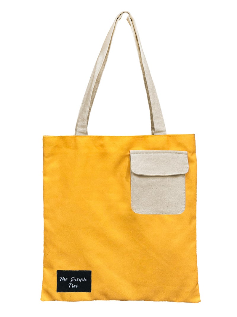 The Purple Tree Color Block Pocket Cotton Tote Bag for Women - 1 Pc, Womens Tote Bag, Eco Friendly Cotton Tote Bag, Multi Pocket Tote Bag, Best Gift For Women (Yellow) - Image 1