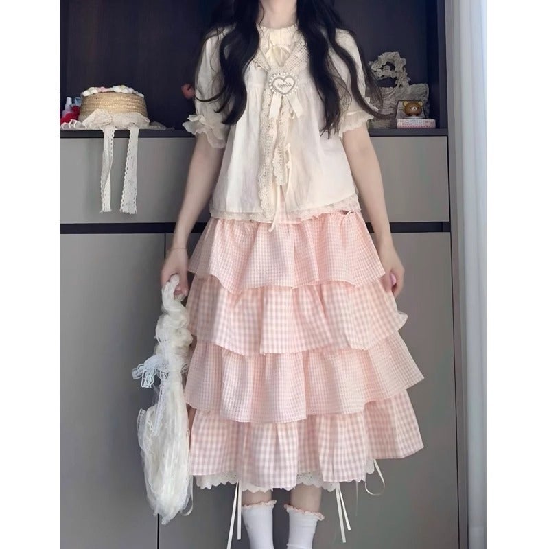 Cute Sweet Girl Dopamine Outfit Complete Set For Women Summer College Style Tie-Up Shirt Pink Plaid Cake Skirt Two-Piece Set - Image 3