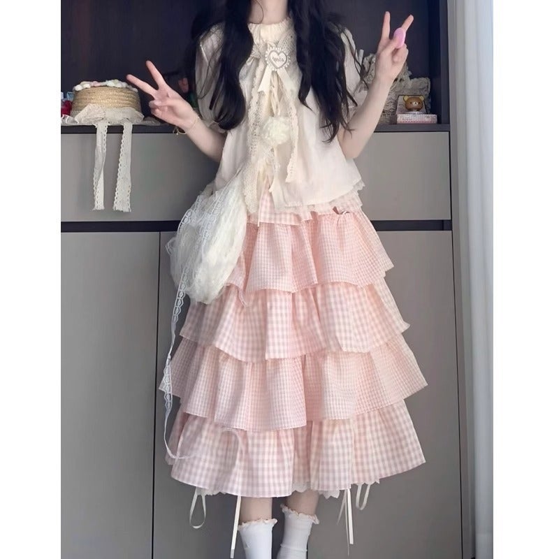 Cute Sweet Girl Dopamine Outfit Complete Set For Women Summer College Style Tie-Up Shirt Pink Plaid Cake Skirt Two-Piece Set - Image 5