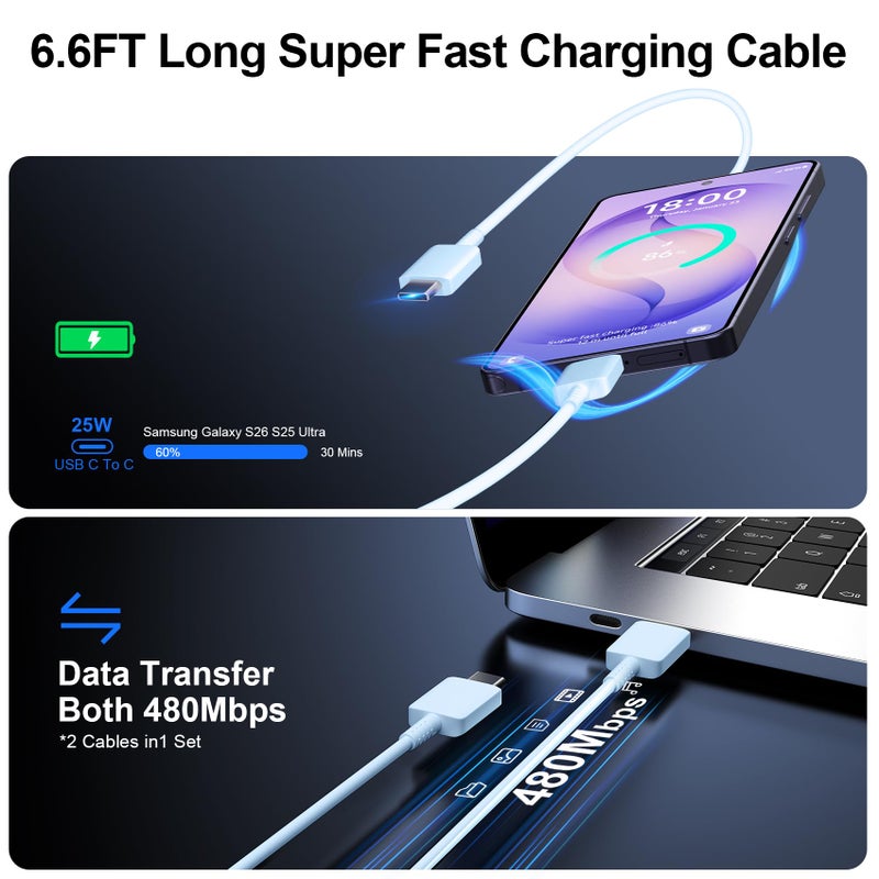 Vilive Super Fast Charger Type C, 25W USB C Wall Charger Fast Charging for Samsung Galaxy S26 Ultra/S26/S26+/S25 Ultra/S25/24 Ultra/S24/S23 Ultra/S22 Ultra with 6.6FT Long Android Type C Charger Cable 2Pack - Image 5