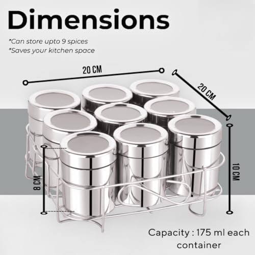 VISAXMI Masala Box for kitchen | Spice box for kitchen | Square Masala Box | Masala Dani Steel | Spice Storage Box with See through Lid & Stand (Silver, 175 ml, 9 Spoon, 9 Container) - Image 2