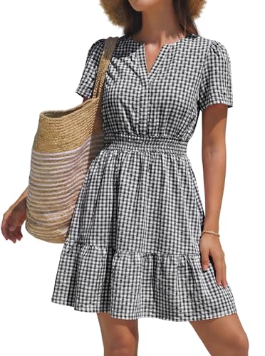 popvil Women Summer Mini Gingham Dress 2026 Spring A Line Casual Sun Dress Short Sleeve Beach Vacation Boho V Neck Short Dress Cocktail Party(Black,Medium) - Image 1