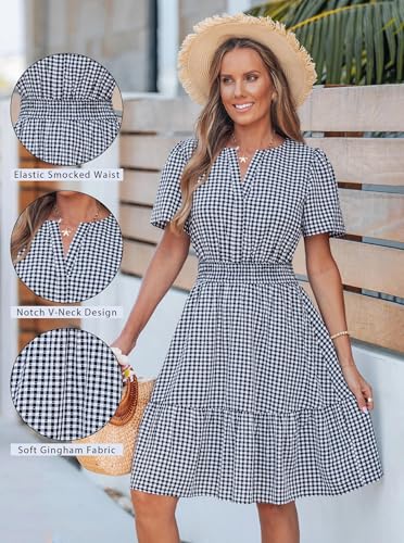 popvil Women Summer Mini Gingham Dress 2026 Spring A Line Casual Sun Dress Short Sleeve Beach Vacation Boho V Neck Short Dress Cocktail Party(Black,Medium) - Image 5