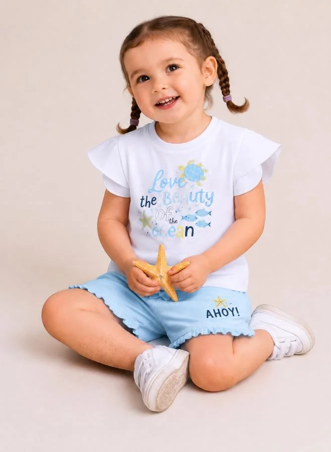Victor And Jane Ocean Fun Graphic T-Shirt and Ruffled Shorts Set