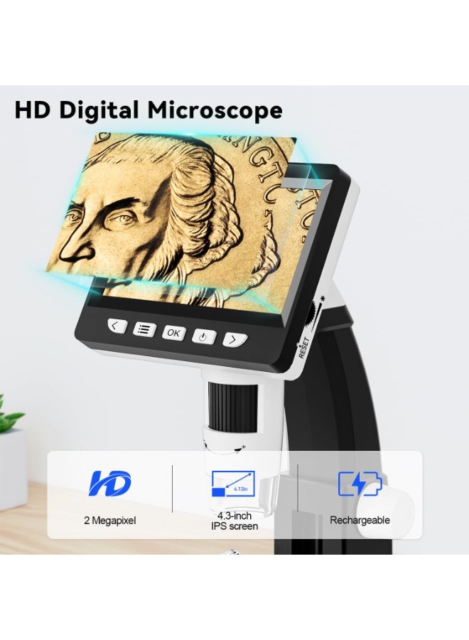 جوبيلين مجهر رقمي بشاشة LCD، مجهر بحجم عملة معدنية مقاس 4.3 بوصة، تكبير 50X-1000X، مجهر لحام مزود بواجهة USB للكبار/الأطفال - حامل بلاستيكي، 8 مصابيح LED، متوافق مع أنظمة التشغيل Windows/Mac OS (بدون بطاقة TF) - Image 2