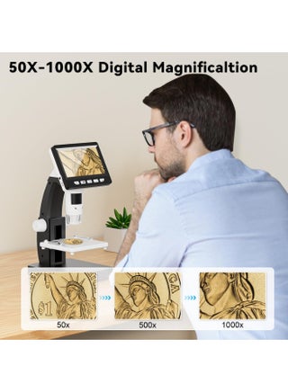مجهر رقمي بشاشة LCD، مجهر بحجم عملة معدنية مقاس 4.3 بوصة، تكبير 50X-1000X، مجهر لحام مزود بواجهة USB للكبار/الأطفال - حامل بلاستيكي، 8 مصابيح LED، متوافق مع أنظمة التشغيل Windows/Mac OS (بدون بطاقة TF) - view 3