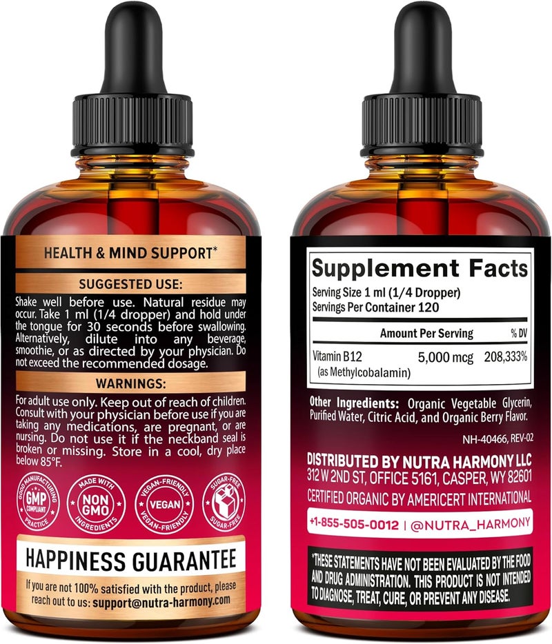 NUTRAHARMONY USDA Organic Vitamin B12 Sublingual Drops  5000 mcg Liquid Vegan Methylcobalamin for Women  Men  Energy Boost Focus  Mood Brain Health Support  Maximize Absorption  4 Month Supply 4 fl oz - Image 2