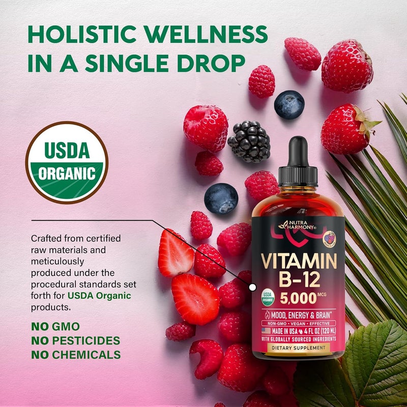 NUTRAHARMONY USDA Organic Vitamin B12 Sublingual Drops  5000 mcg Liquid Vegan Methylcobalamin for Women  Men  Energy Boost Focus  Mood Brain Health Support  Maximize Absorption  4 Month Supply 4 fl oz - Image 4