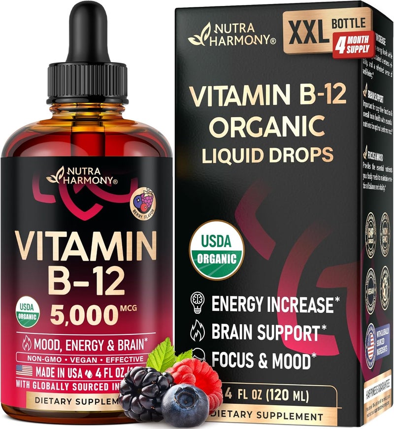 NUTRAHARMONY USDA Organic Vitamin B12 Sublingual Drops  5000 mcg Liquid Vegan Methylcobalamin for Women  Men  Energy Boost Focus  Mood Brain Health Support  Maximize Absorption  4 Month Supply 4 fl oz - Image 1