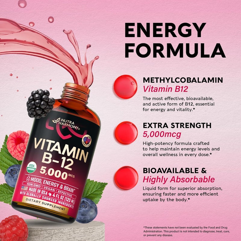 NUTRAHARMONY USDA Organic Vitamin B12 Sublingual Drops  5000 mcg Liquid Vegan Methylcobalamin for Women  Men  Energy Boost Focus  Mood Brain Health Support  Maximize Absorption  4 Month Supply 4 fl oz - Image 5