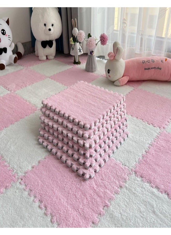 XVersion 12 Pcs Plush Puzzle Foam Floor Mat,Interlocking Foam Mat Floor Tiles,Comfort Foam Padding,Soft Plush,Non-Slip,Easy to Clean,30x30x1cm for Home Decor/Playroom/Bedroom/Gym (6 Pcs White+ 6 Pcs Pink)  - Image 1