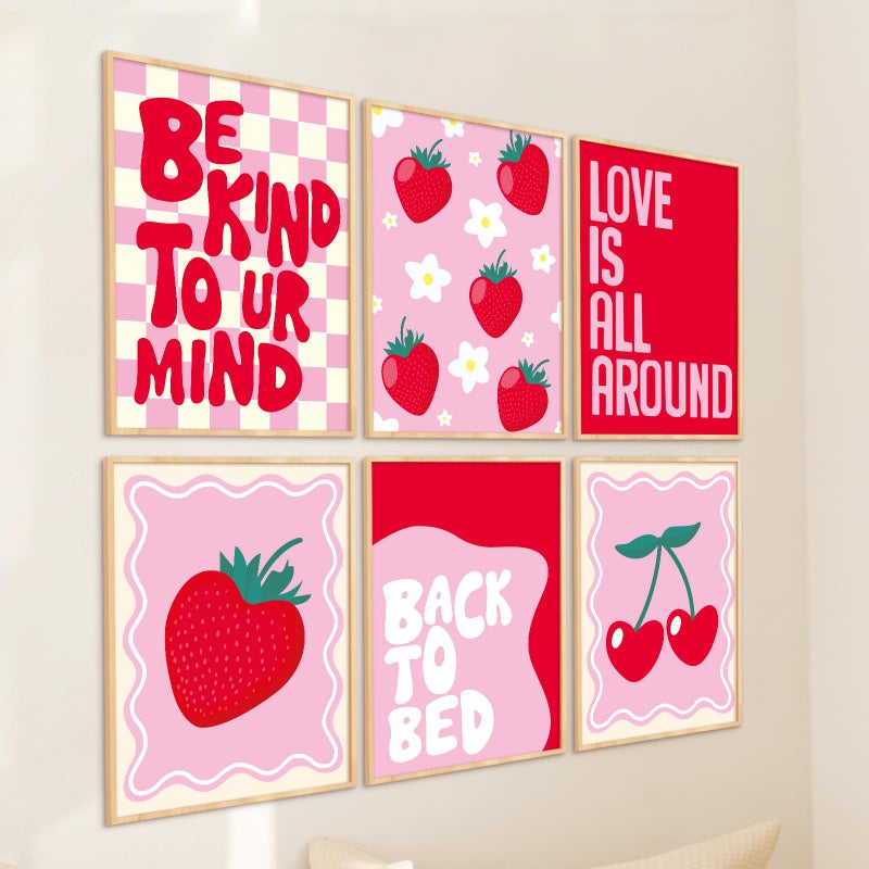 FYSUIMU Strawberry Wall Art Prints Coquette Strawberry Flower Sweet Room Decor - 8 x 10 Inch - Pink Red Fruit Cherry Unframed Wall Arts Posters for Home Bedroom Living Room Dorm, 6 Sheets - Image 1