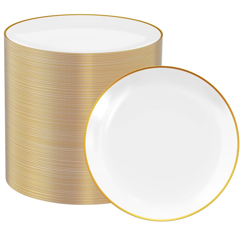 FOCUSLINE 100 Count Gold Plastic Plates 7 Inch Disposable Heavy Duty Salad Dessert Plates Premium Hard Plastic Plate Disposable with Gold Rim for Wedding Parties