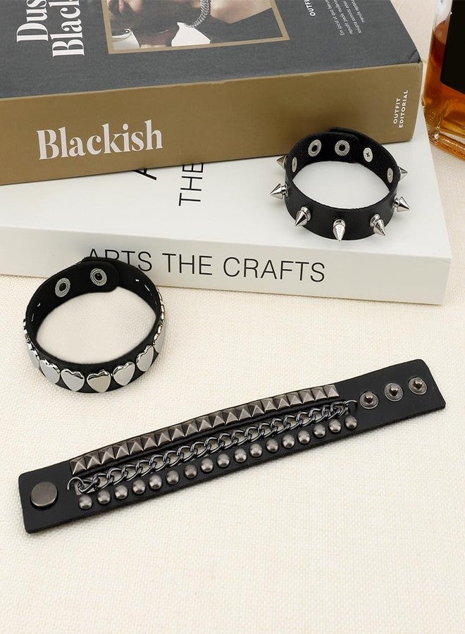 UlZDVUli Studded Bracelet, Spike Bracelets, 3 Pieces Black Heart Spiked Rock Emo Punk Goth Leather Wristband, Gothic Spiky Rivet Cuff Wristbands Jewelry Accessories for Men Women Halloween - Image 4