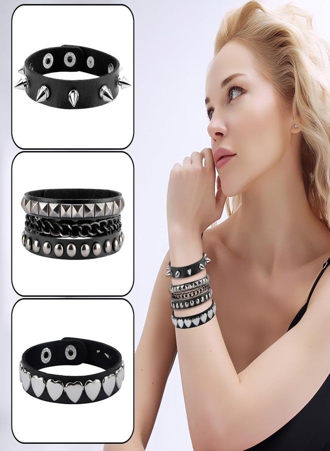 UlZDVUli Studded Bracelet, Spike Bracelets, 3 Pieces Black Heart Spiked Rock Emo Punk Goth Leather Wristband, Gothic Spiky Rivet Cuff Wristbands Jewelry Accessories for Men Women Halloween - Image 3