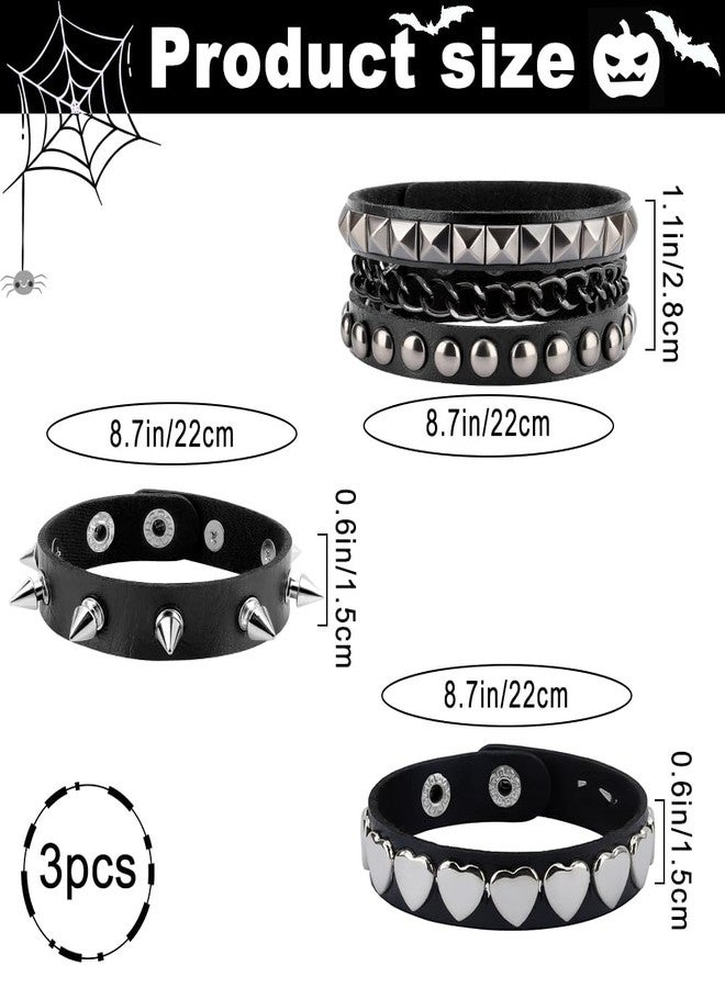 UlZDVUli Studded Bracelet, Spike Bracelets, 3 Pieces Black Heart Spiked Rock Emo Punk Goth Leather Wristband, Gothic Spiky Rivet Cuff Wristbands Jewelry Accessories for Men Women Halloween - Image 2