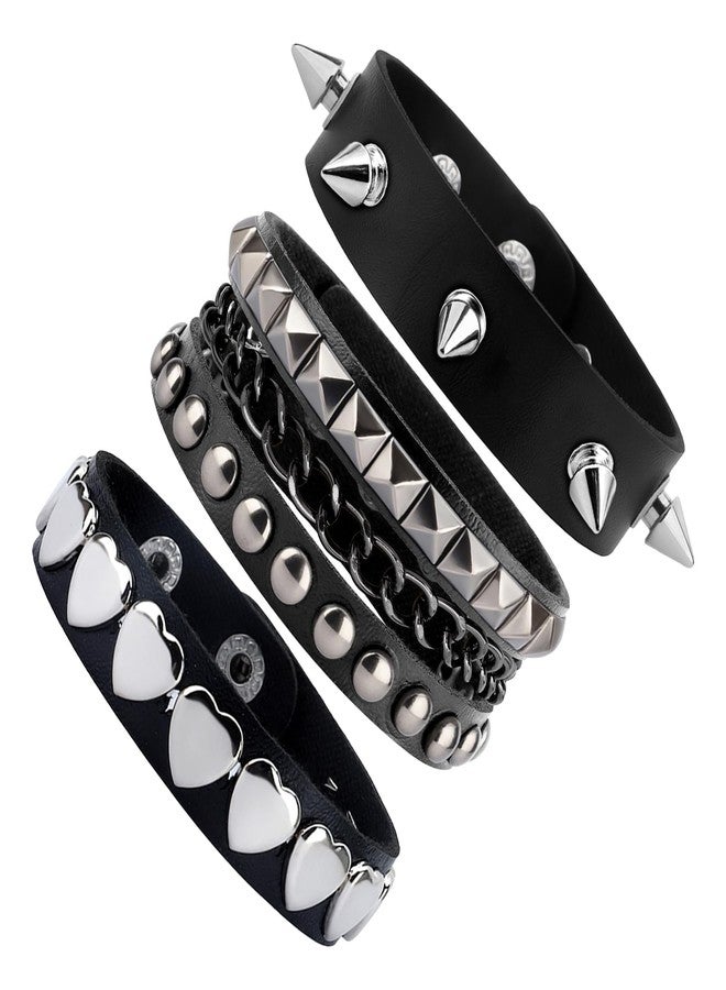 UlZDVUli Studded Bracelet, Spike Bracelets, 3 Pieces Black Heart Spiked Rock Emo Punk Goth Leather Wristband, Gothic Spiky Rivet Cuff Wristbands Jewelry Accessories for Men Women Halloween - Image 1