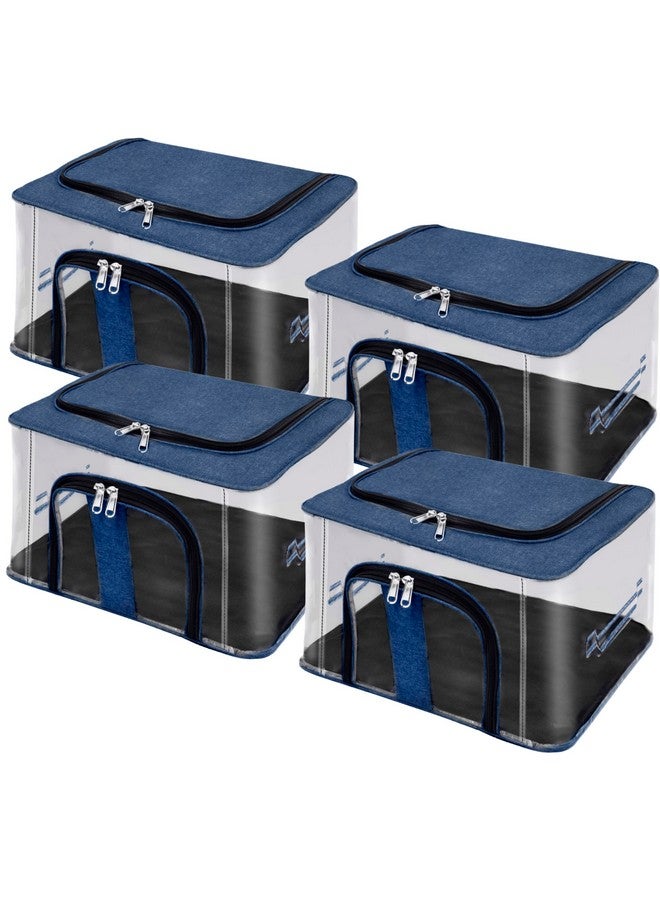 Storite Nylon 33 L PVC Transparent Moisture Proof Storage box for Clothes Closet Wardrobe Organizer for Clothes Saree Bags with Carry Handle (DarkBlue, 4 Pack) - Image 1