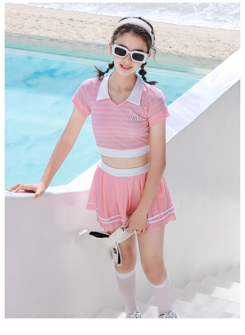 RedMapleTEK New Girls Swimwear, Middle and Big Kids, Little Girls, Fashion Striped Sports Two-piece Set, Girls Holiday Swimwear Can Be Worn 30-45kg - Image 3