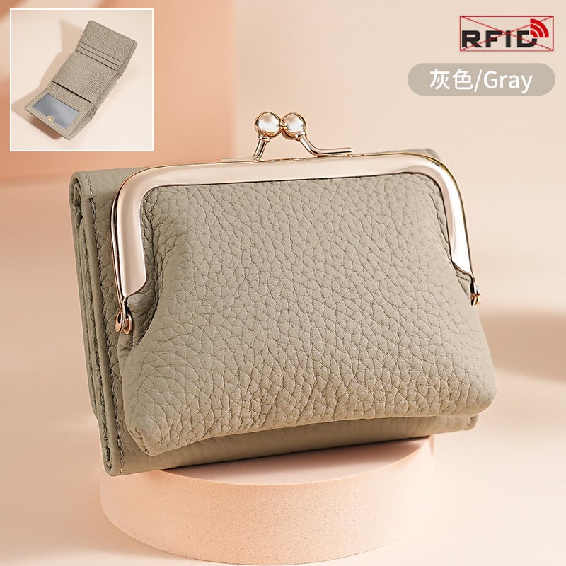 New Fashion Womens Small Purse Genuine Leather Japanese Style Triple Folding Gold Bag Top Layer Cowhide Coin Change Storage Bag for Women Elephant gray