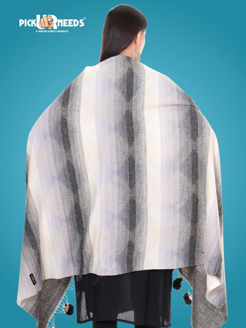 Pick Ur Needs Women’s Soft Woolen Shawl | Premium Warm & Breathable Winter Stole | Elegant Striped Design with Tassels (Black) - Image 4