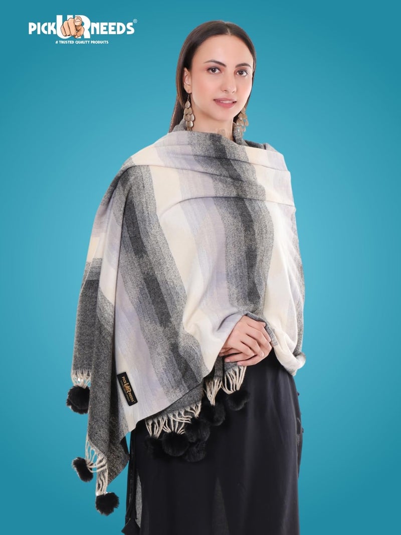 Pick Ur Needs Women’s Soft Woolen Shawl | Premium Warm & Breathable Winter Stole | Elegant Striped Design with Tassels (Black) - Image 3