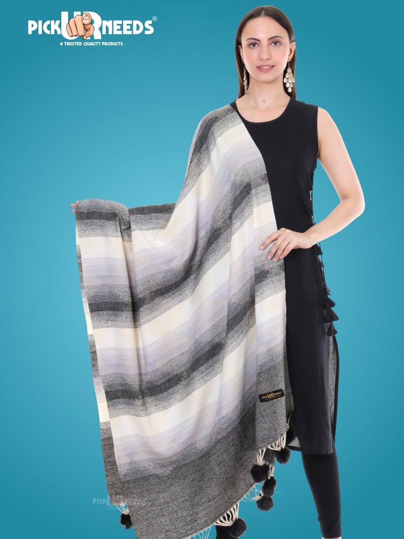 Pick Ur Needs Women’s Soft Woolen Shawl | Premium Warm & Breathable Winter Stole | Elegant Striped Design with Tassels (Black) - Image 2