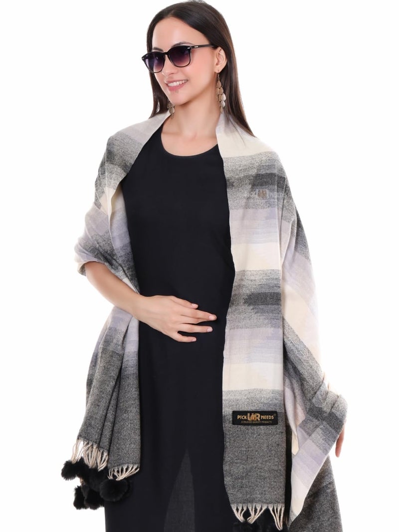 Pick Ur Needs Women’s Soft Woolen Shawl | Premium Warm & Breathable Winter Stole | Elegant Striped Design with Tassels (Black) - Image 1