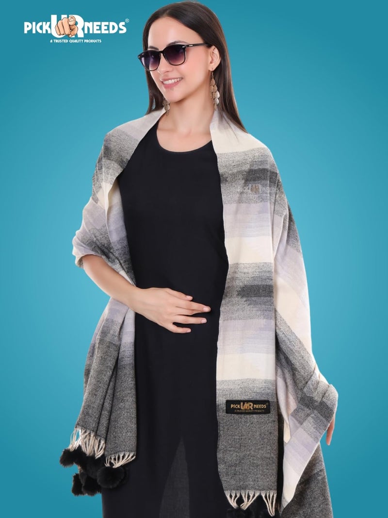 Pick Ur Needs Women’s Soft Woolen Shawl | Premium Warm & Breathable Winter Stole | Elegant Striped Design with Tassels (Black) - Image 5