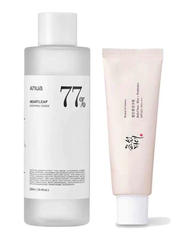 Anua Wonder Anua - Heartleaf 77% Soothing Toner 250ml + Beauty of Joseon Relief Sun : Rice + Probiotics SPF50+ PA++++ 50 ml - Image 1