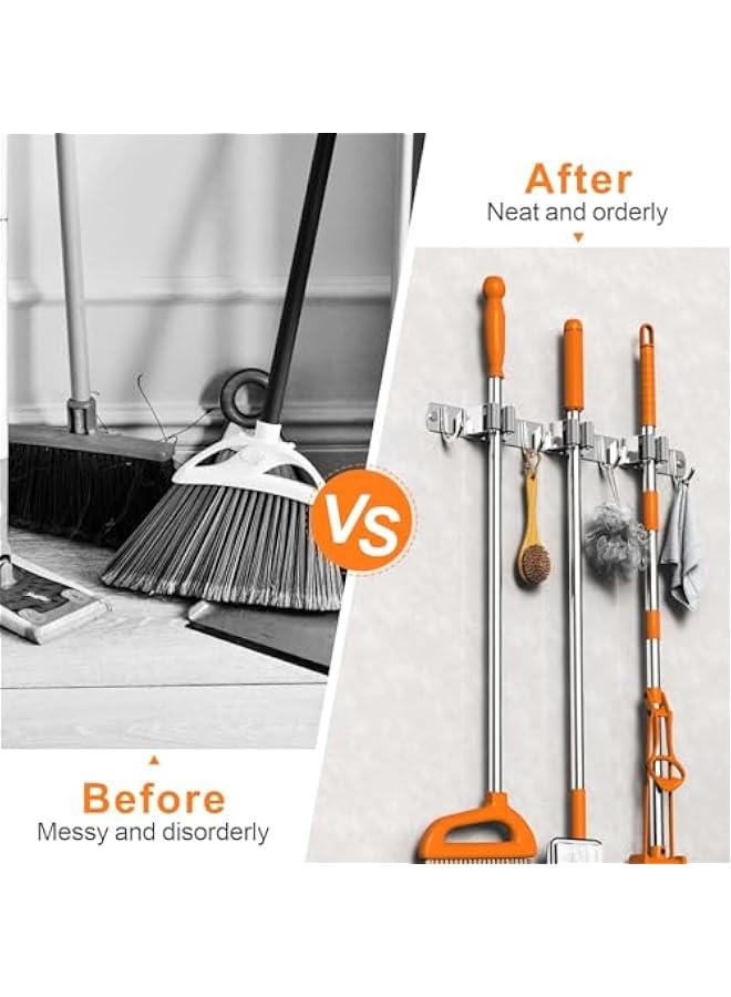 HOOKOR Mop and Broom Holder Wall Mount, Upgraded Broom Organizer Wall Mount, Stainless Steel Broom Hanger Wall Mount for Home Kitchen Garden Laundry Garage (3 Racks with 4 Hooks) - Image 2