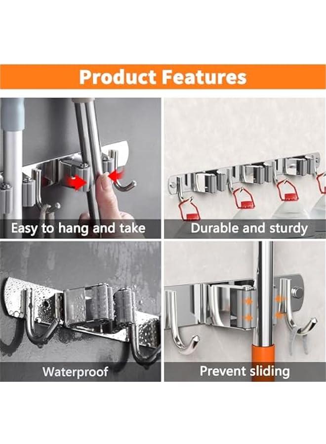 HOOKOR Mop and Broom Holder Wall Mount, Upgraded Broom Organizer Wall Mount, Stainless Steel Broom Hanger Wall Mount for Home Kitchen Garden Laundry Garage (3 Racks with 4 Hooks) - Image 3