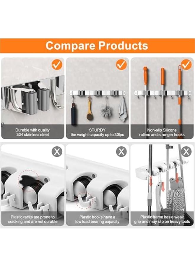 HOOKOR Mop and Broom Holder Wall Mount, Upgraded Broom Organizer Wall Mount, Stainless Steel Broom Hanger Wall Mount for Home Kitchen Garden Laundry Garage (3 Racks with 4 Hooks) - Image 4