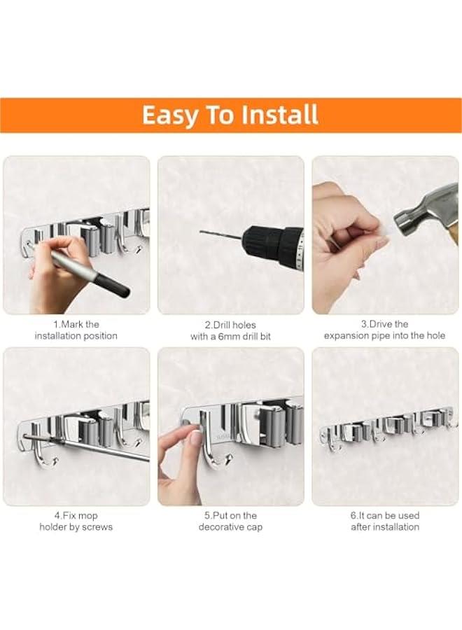HOOKOR Mop and Broom Holder Wall Mount, Upgraded Broom Organizer Wall Mount, Stainless Steel Broom Hanger Wall Mount for Home Kitchen Garden Laundry Garage (3 Racks with 4 Hooks) - Image 5