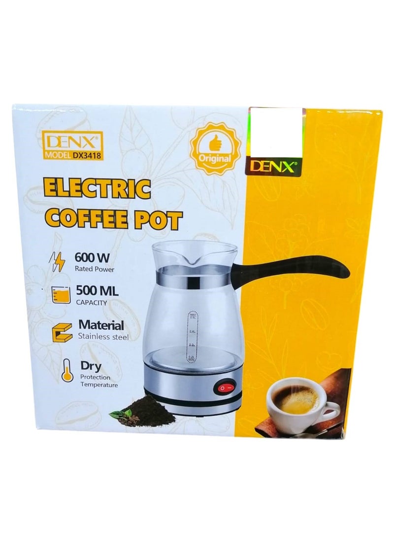 Denx 600W 500ml Electric Coffee Pot with 360 Degree Rotating Base, Stainless Steel and Glass - Image 5