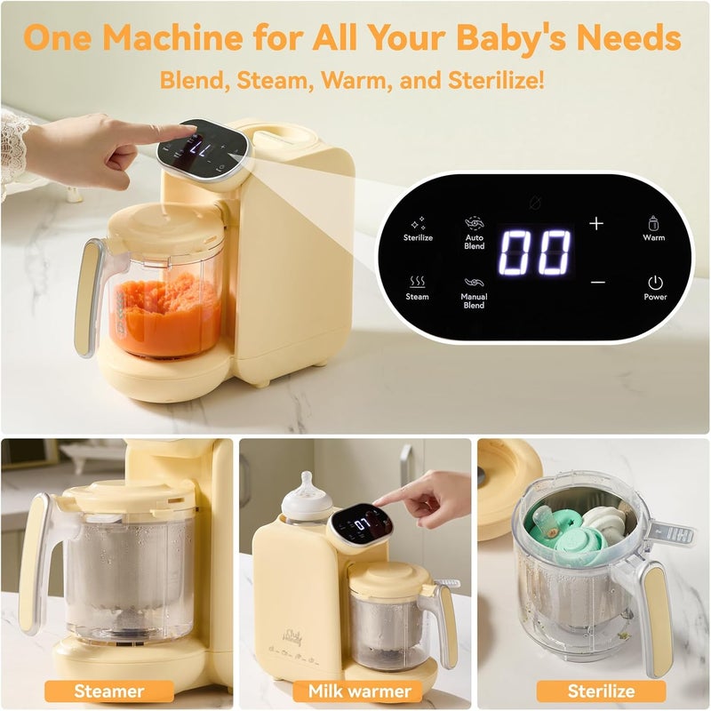 chefhandy جهاز تحضير طعام الأطفال Chefhandy، معالج طعام الأطفال متعدد الوظائف في جهاز واحد (5 في 1)، محضر الهريس والمطحن مع قدر البخار، خلاط بخاري متعدد الوظائف بشاشة تعمل باللمس، وظيفة تسخين زجاجات الحليب، طهي أوتوماتيكي، لون أصفر - Image 2