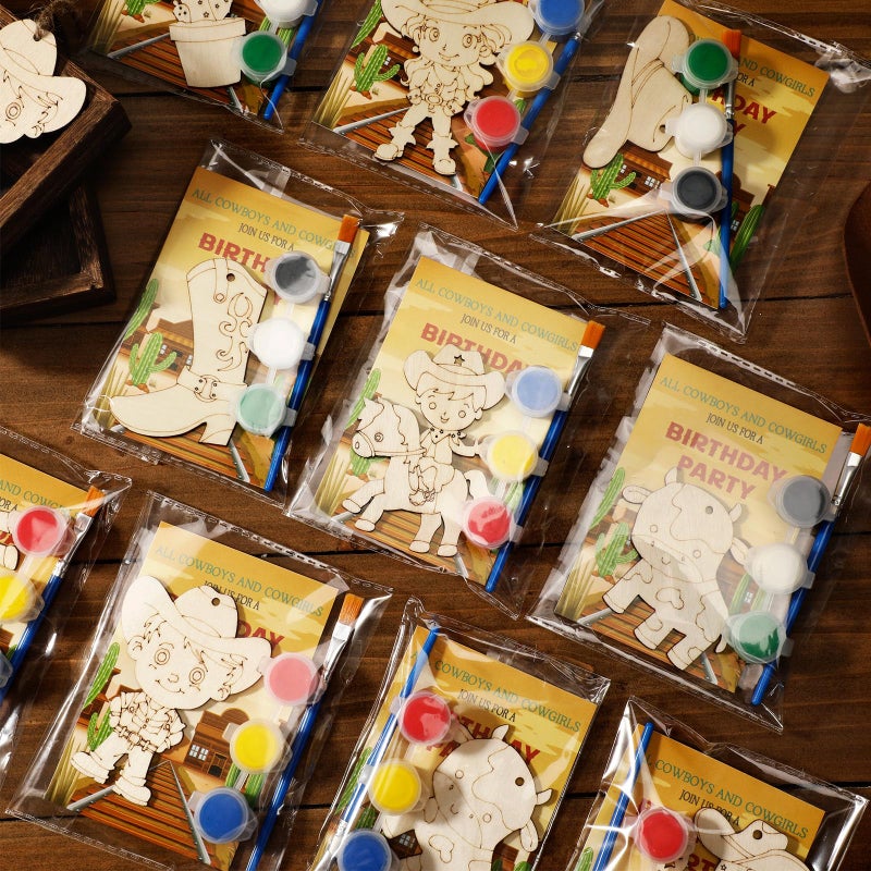 Saypacck 24 Pcs Western Cowboy Party Favors Wild West Birthday Party Wooden Painting Craft Kits First Rodeo Wood Crafts with Organza Bag for Birthday Favors Goodie Bags Fillers Gifts - Image 3