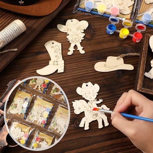 Saypacck 24 Pcs Western Cowboy Party Favors Wild West Birthday Party Wooden Painting Craft Kits First Rodeo Wood Crafts with Organza Bag for Birthday Favors Goodie Bags Fillers Gifts - Image 5