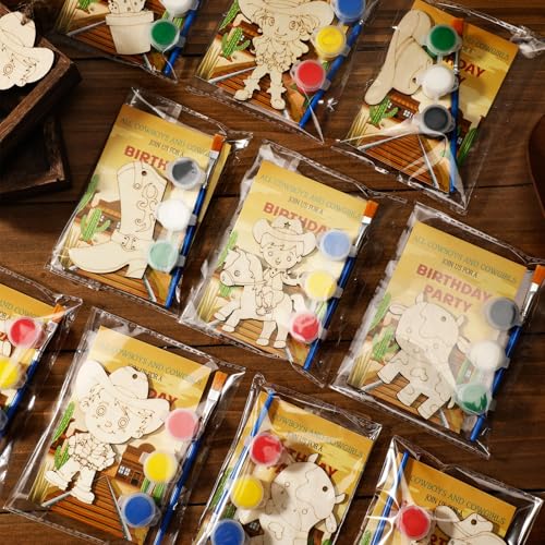 Saypacck 24 Pcs Western Cowboy Party Favors Wild West Birthday Party Wooden Painting Craft Kits First Rodeo Wood Crafts with Organza Bag for Birthday Favors Goodie Bags Fillers Gifts - Image 1