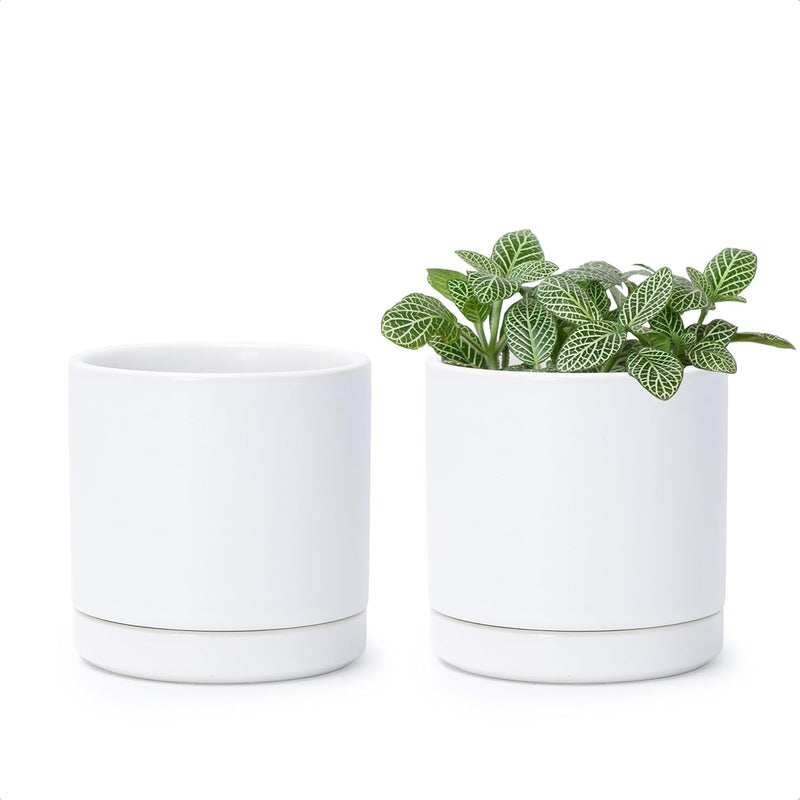 D'vine Dev Set of 2 Plants Pots, 3.5 Inch Ceramic Planter Pot for Plants with Drainage Hole and Saucer, White, 94-V-A-1 - Image 1