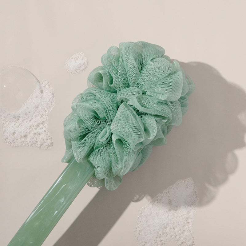 EcoTools Sea Gems EcoPouf Bath Brush, Gentle Exfoliating Body Scrubber for Shower Cleansing & Smoothing, Recycled Netting Loofah with Long Handle, Vegan & Cruelty-Free, 1 Count - Image 3