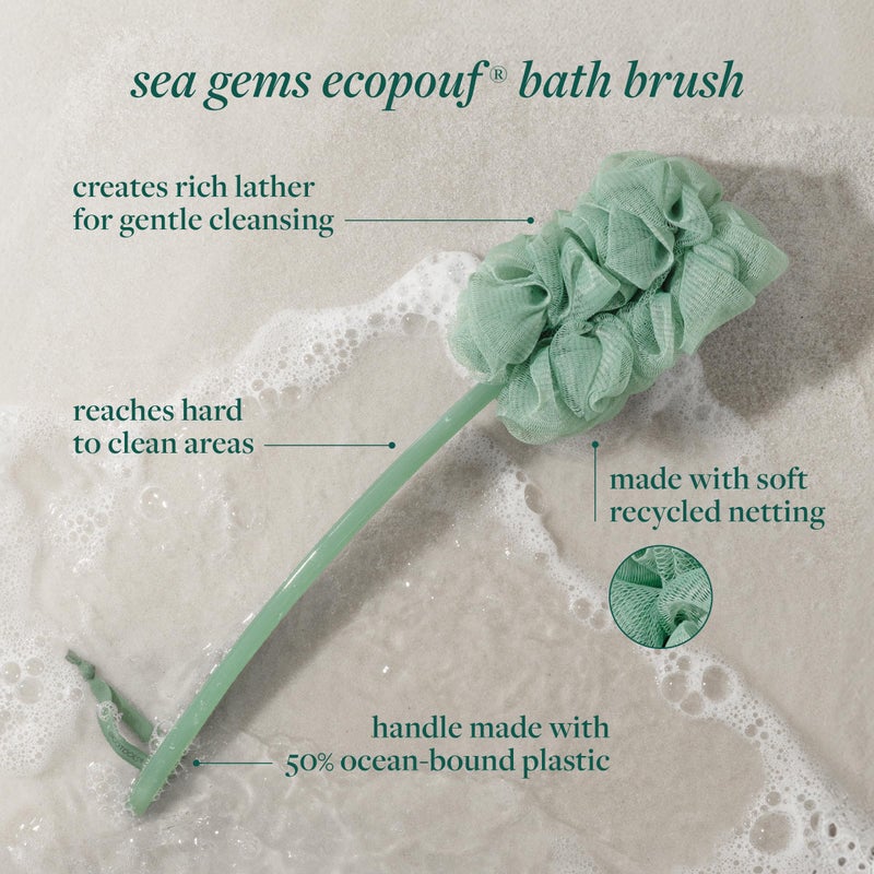 EcoTools Sea Gems EcoPouf Bath Brush, Gentle Exfoliating Body Scrubber for Shower Cleansing & Smoothing, Recycled Netting Loofah with Long Handle, Vegan & Cruelty-Free, 1 Count - Image 2